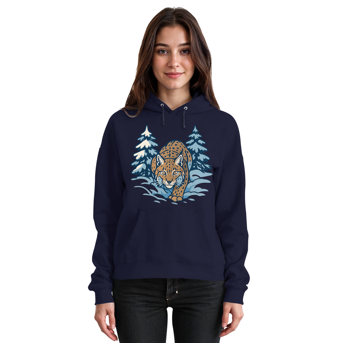 Front view of Arvenzo Snow Lynx hoodie in navy, unisex design with a simple, classic fit and a hood for casual comfort.