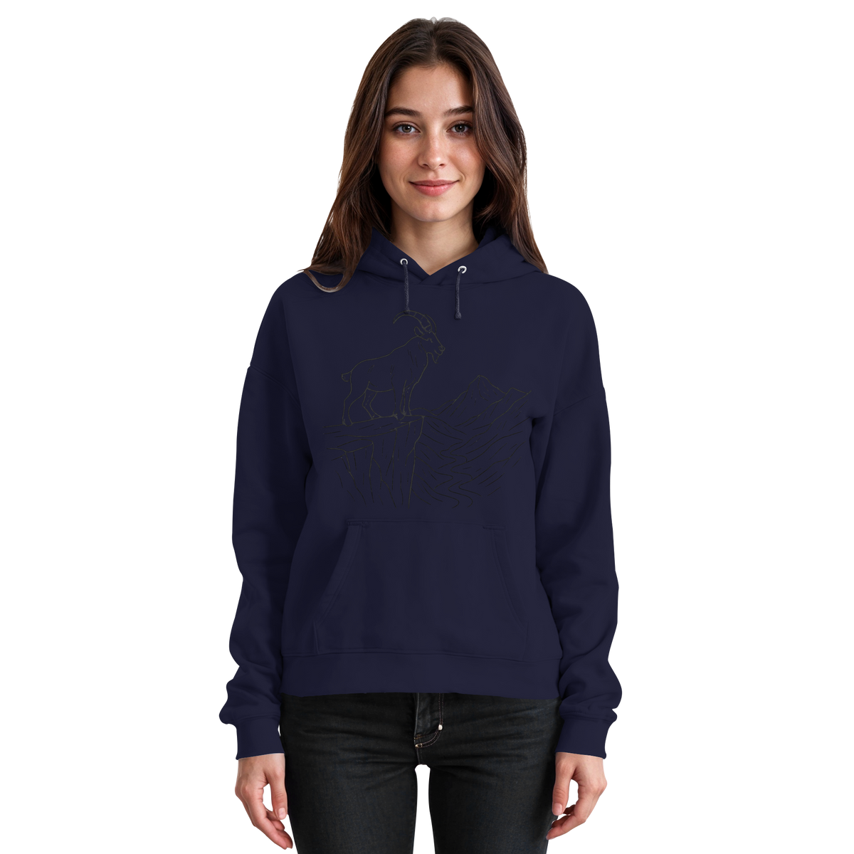 Front view of Arvenzo Cliff Edge hoodie in navy, showcasing its unisex design and classic hoodie silhouette.