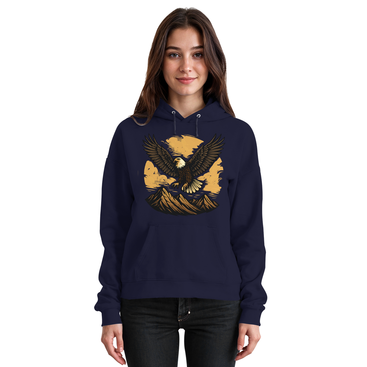 Front view of Arvenzo Iron Wing unisex hoodie in navy blue with a minimalist iron wing graphic on the chest.