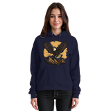 Front view of Arvenzo Iron Wing unisex hoodie in navy blue with a minimalist iron wing graphic on the chest.