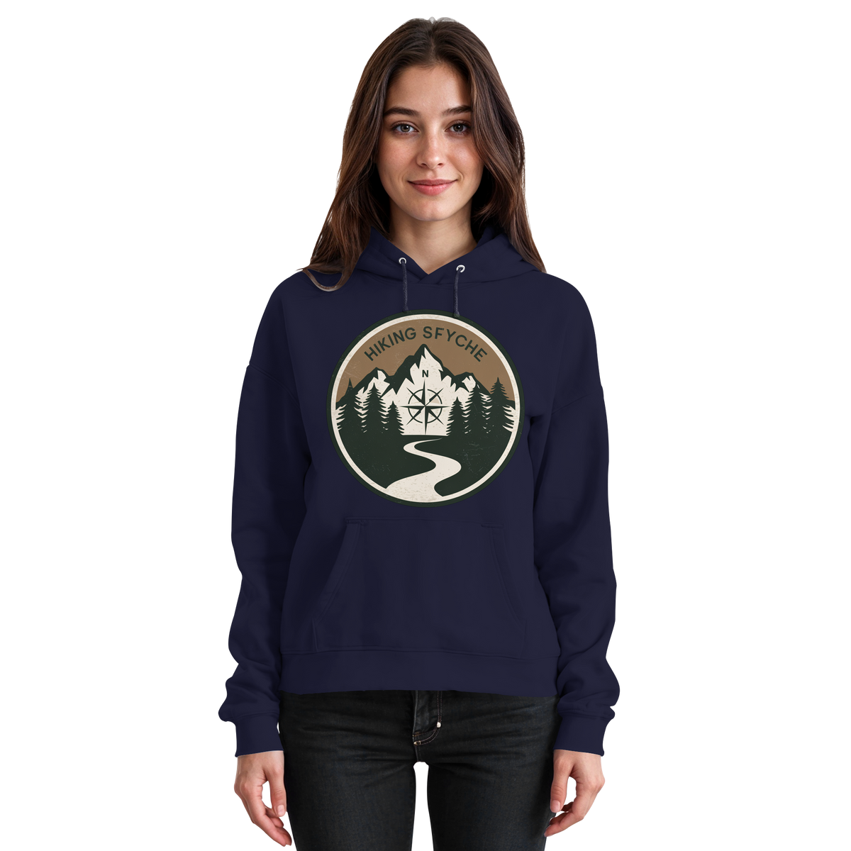 Front view of Arvenzo Trail Crest Hoodie in navy, a unisex hoodie with a simple design and a front pocket.