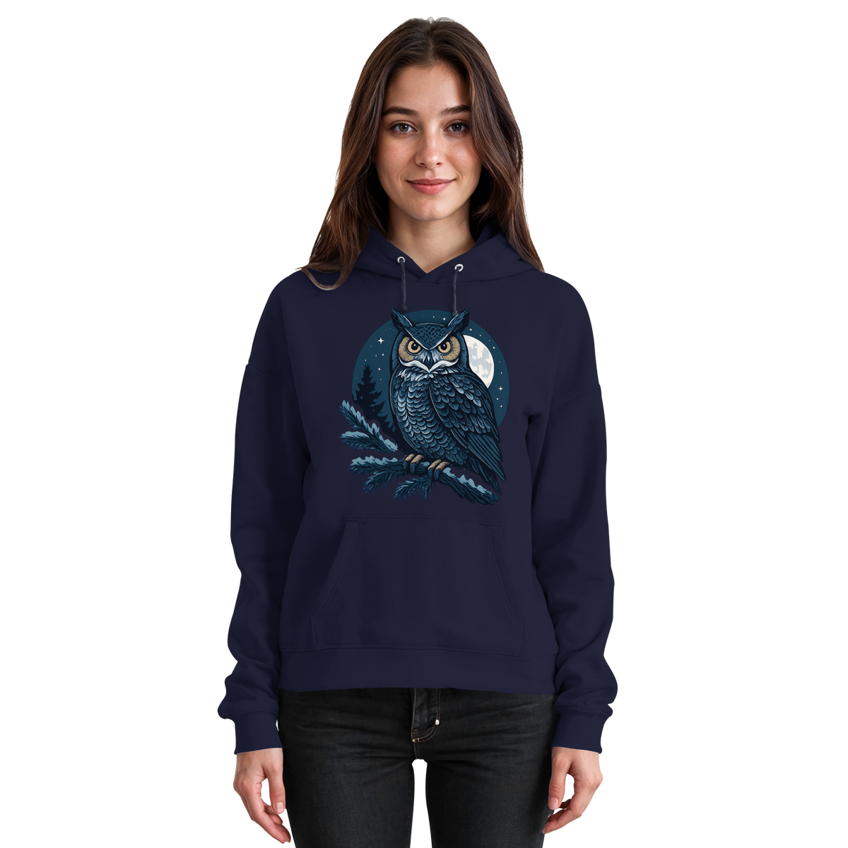 Front view of navy Oxford Night Watch hoodie by Arvenzo, featuring a basic unisex hoodie design with a front pocket and drawstrings.
