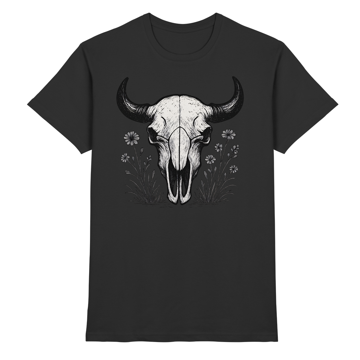 Black unisex Bison Skull shirt by Arvenzo featuring a front view of the premium graphic design on soft fabric.