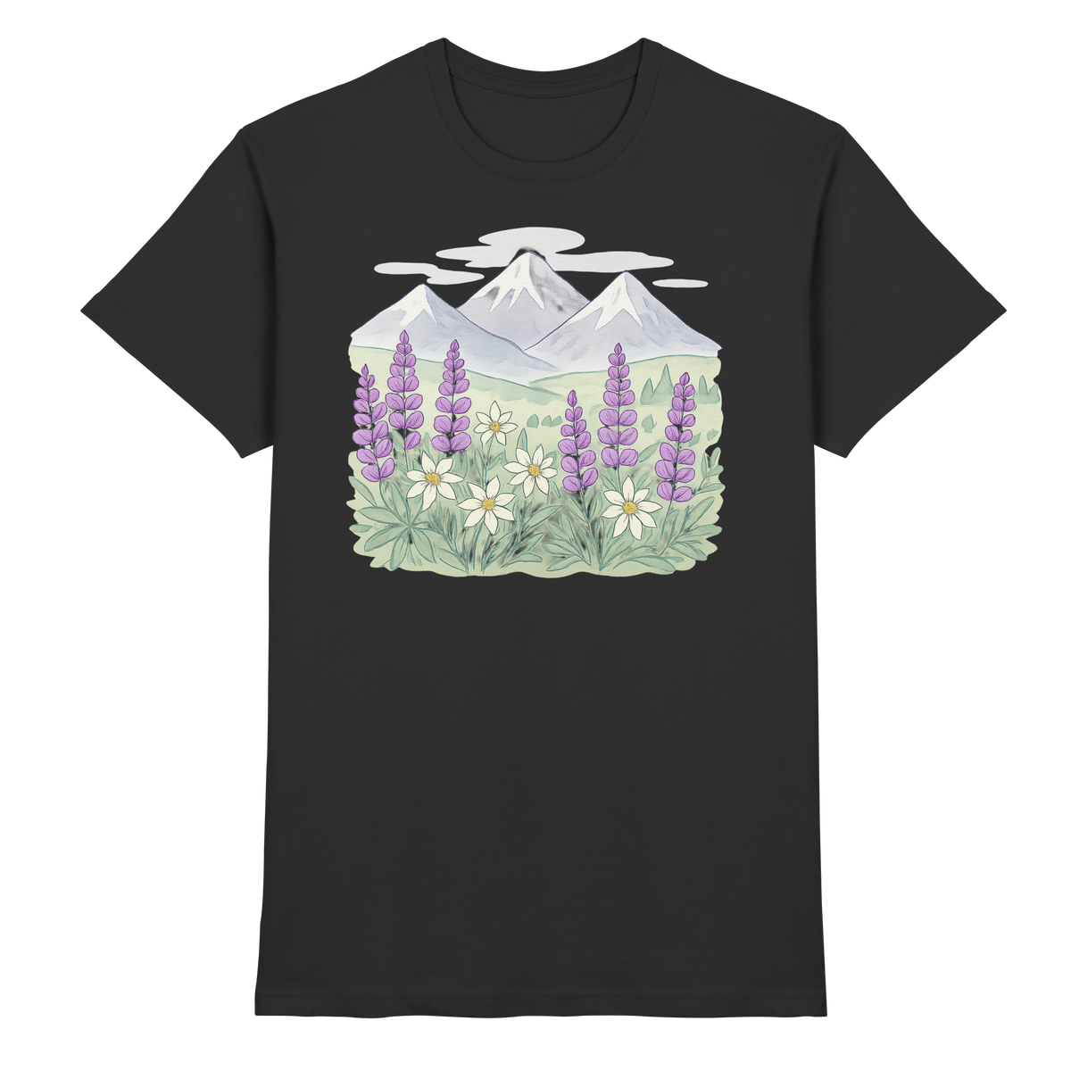 Black unisex Alpine Bloom Shirt by Arvenzo featuring a front view with a stylish floral design.