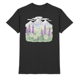 Black unisex Alpine Bloom Shirt by Arvenzo featuring a front view with a stylish floral design.