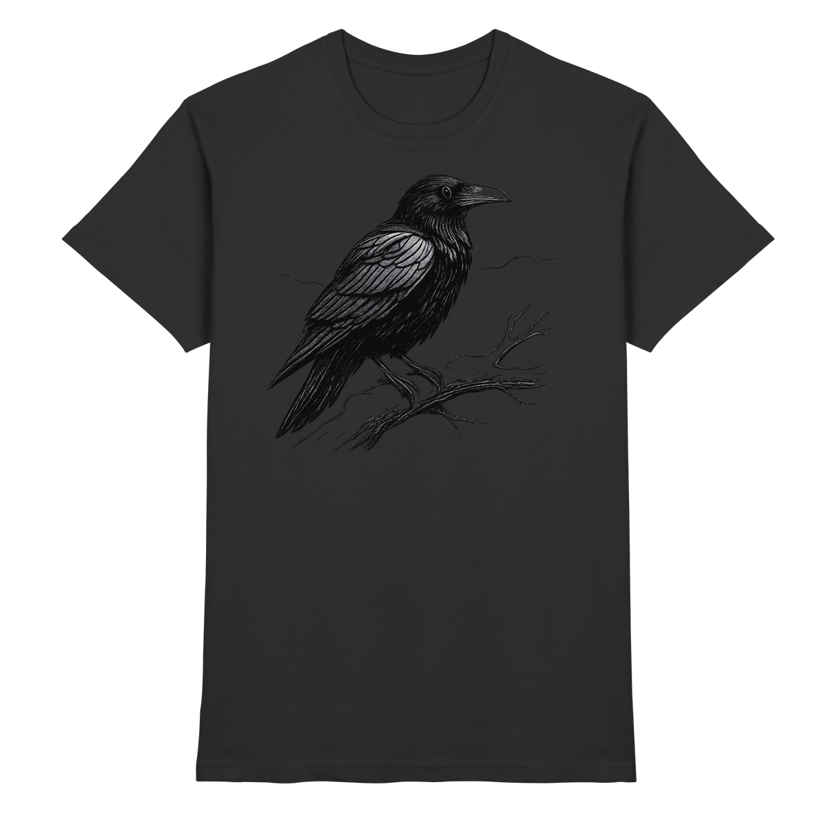 Black unisex Dark Raven shirt by Arvenzo, front view showcasing a sleek, premium black shirt design.