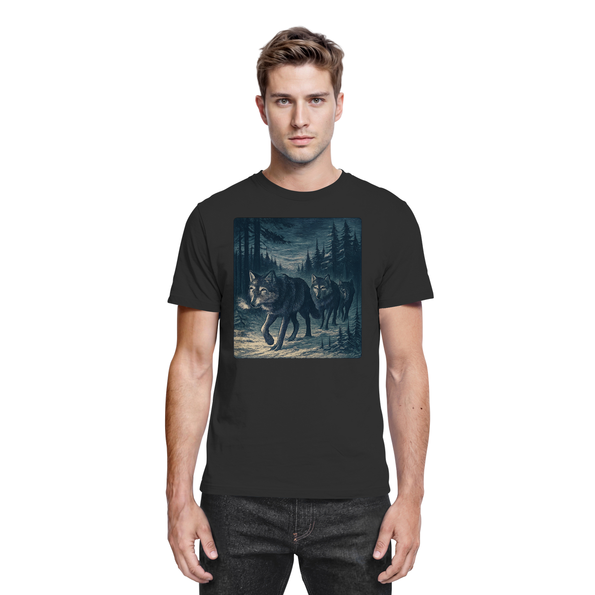 Black unisex Pack North shirt by Arvenzo, featuring a front design and premium cotton fabric.
