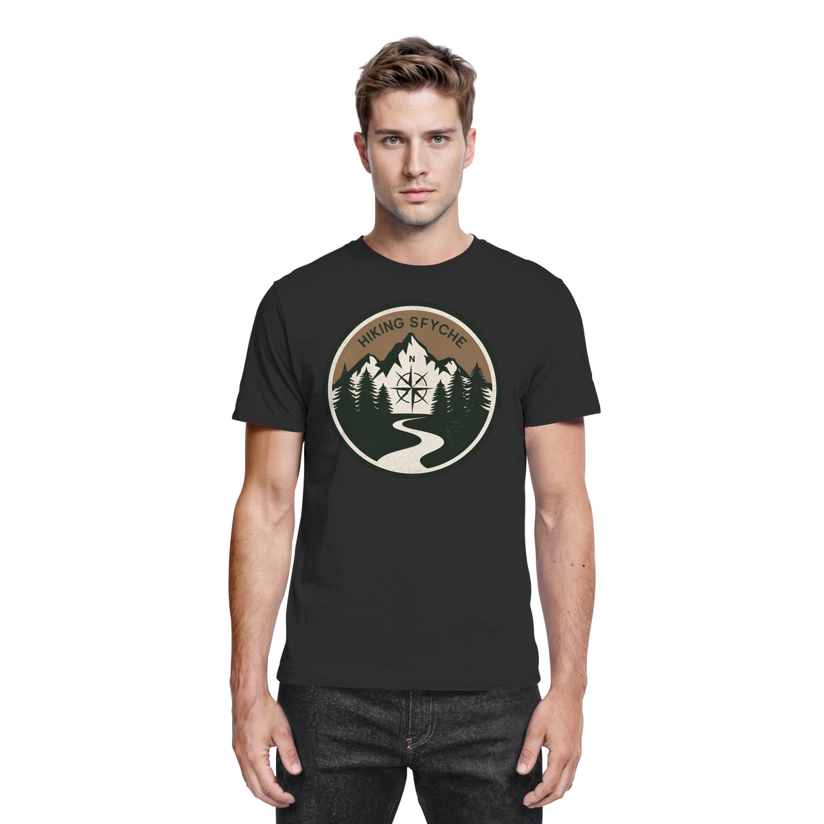Black unisex Trail Crest Shirt by Arvenzo featuring a front view with a sleek, minimalist design and comfortable fit.