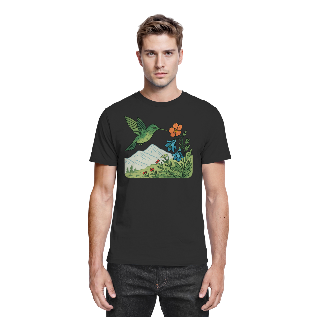 Front view of Arvenzo Bloom Wing unisex black shirt with a modern design on a plain background.