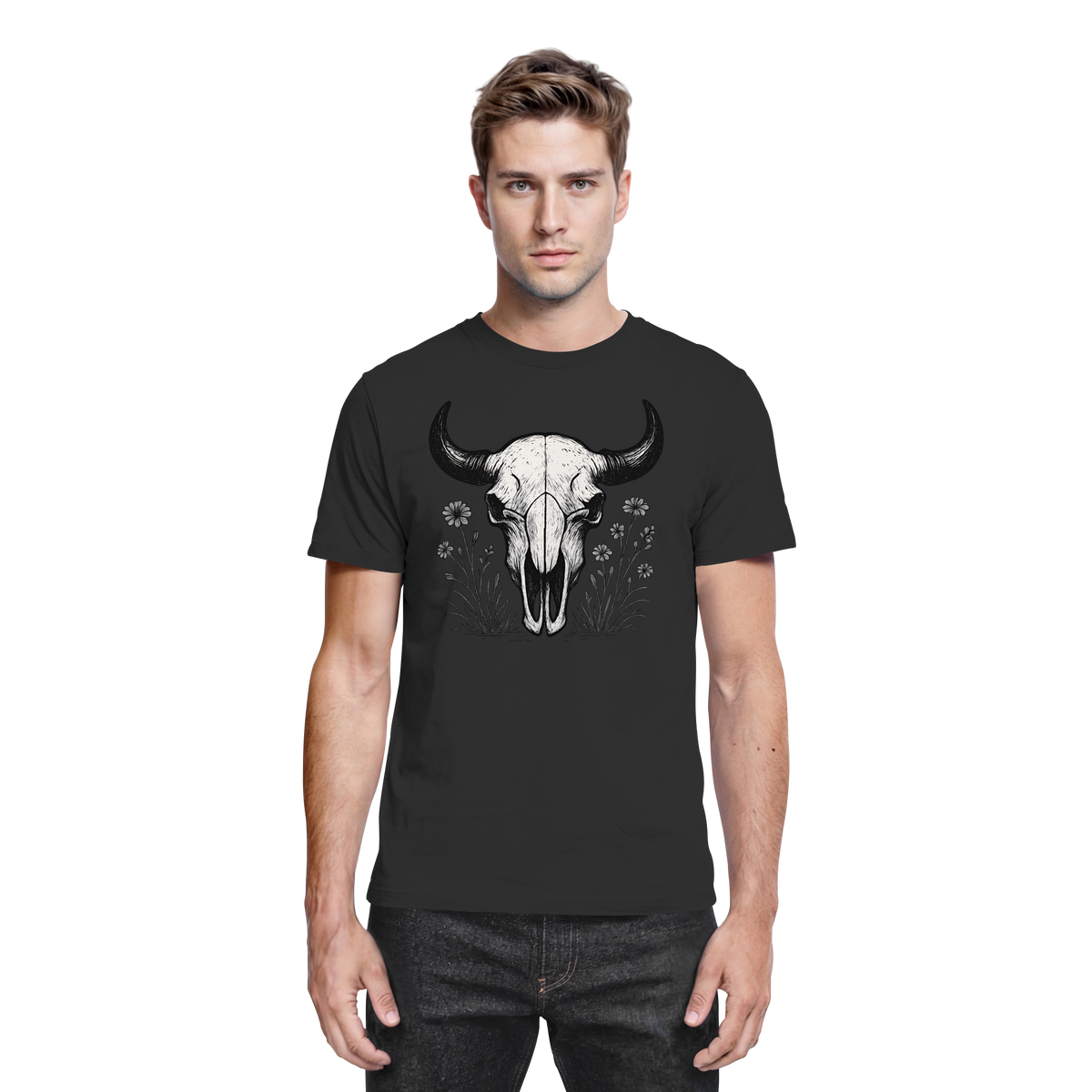 Black unisex Bison Skull shirt by Arvenzo featuring a front graphic print on a premium fabric.