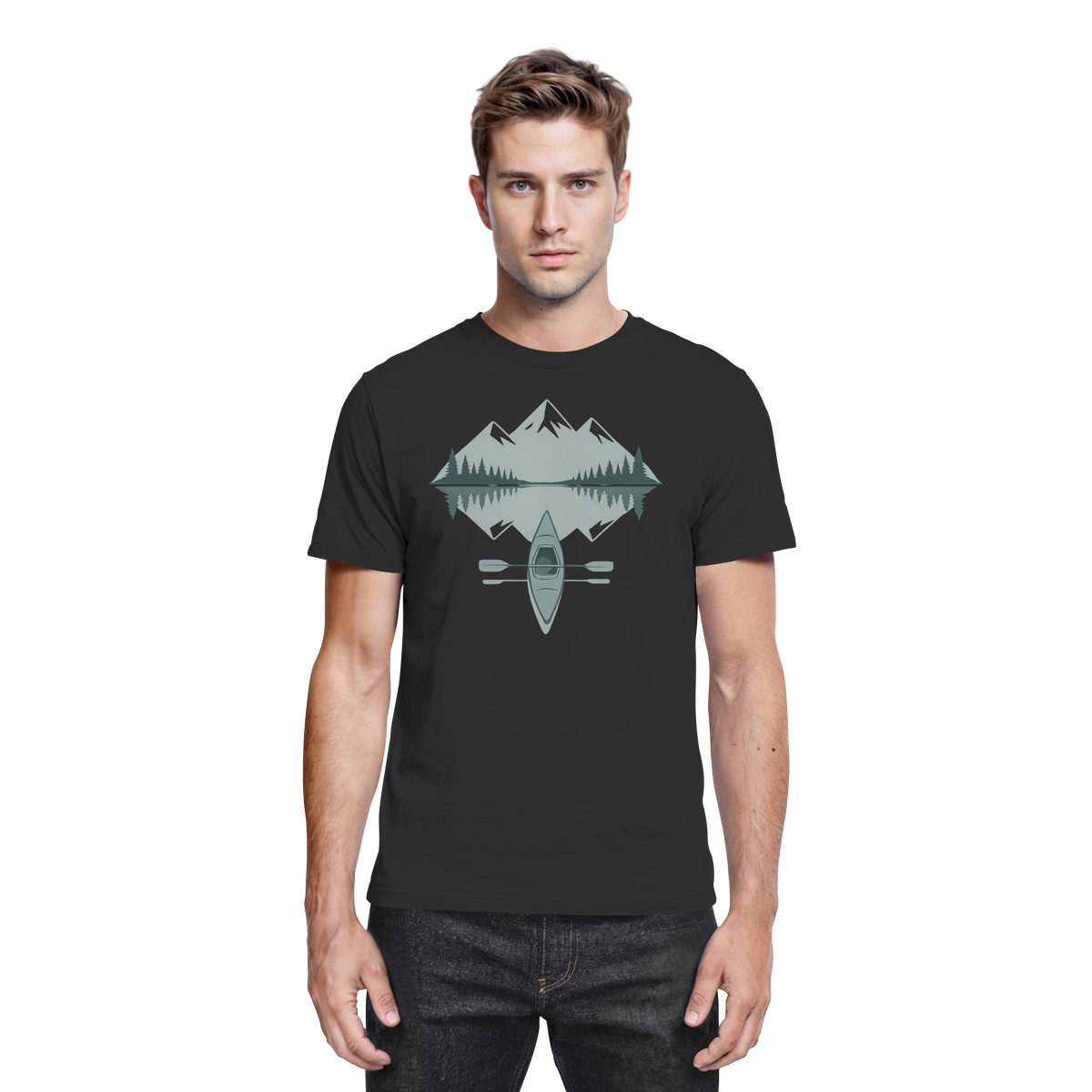 Front view of Arvenzo Mirror Lake unisex black shirt, showcasing a sleek design and comfortable fit.