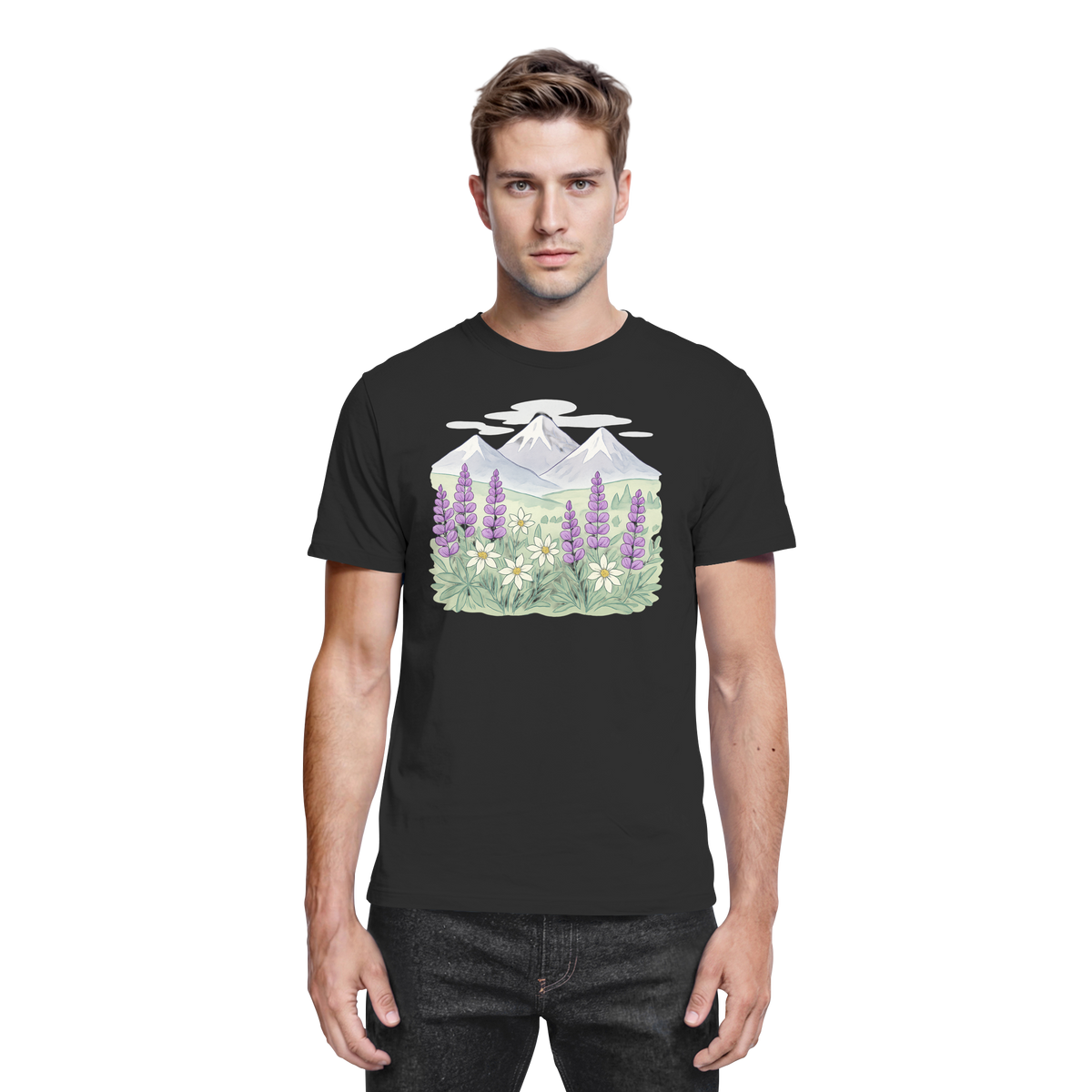 Black unisex Alpine Bloom shirt by Arvenzo, front view showing floral design and classic crew neckline.
