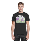 Black unisex Alpine Bloom shirt by Arvenzo, front view showing floral design and classic crew neckline.