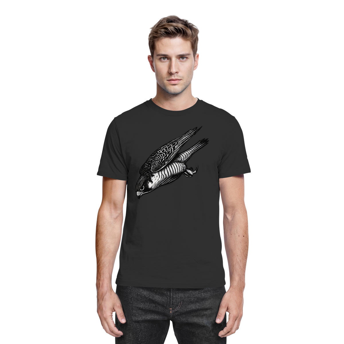 Front view of Arvenzo Swift Dive unisex black shirt, premium quality cotton, casual fit with a sleek design.