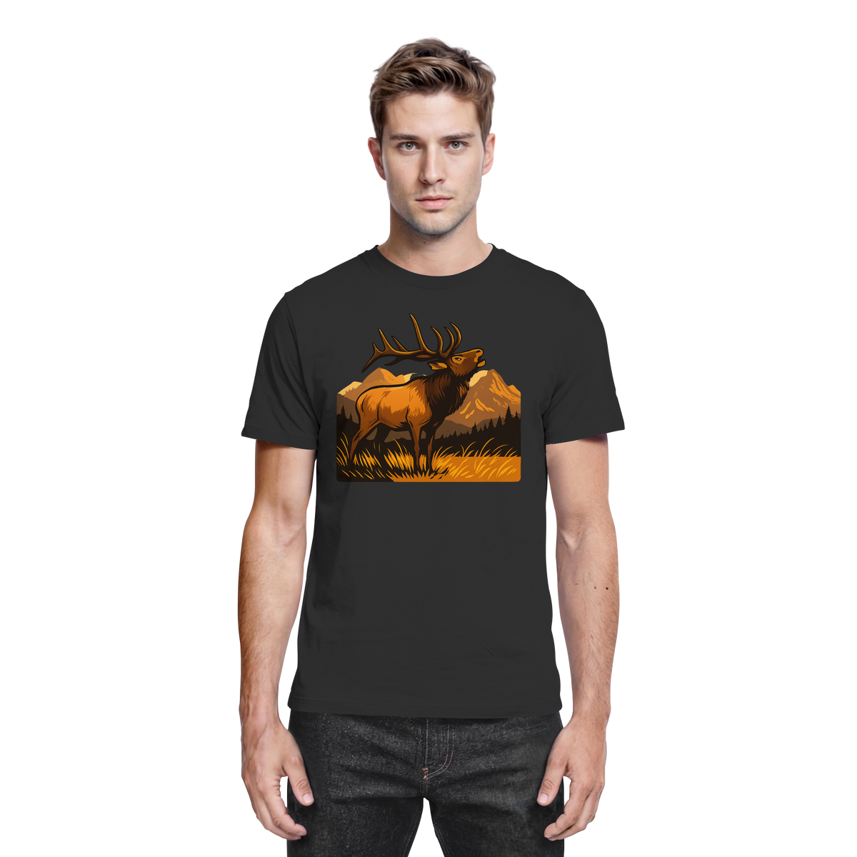 Black Arvenzo Elk Meadow unisex shirt featuring a front view with a sleek, premium design and comfortable fit.