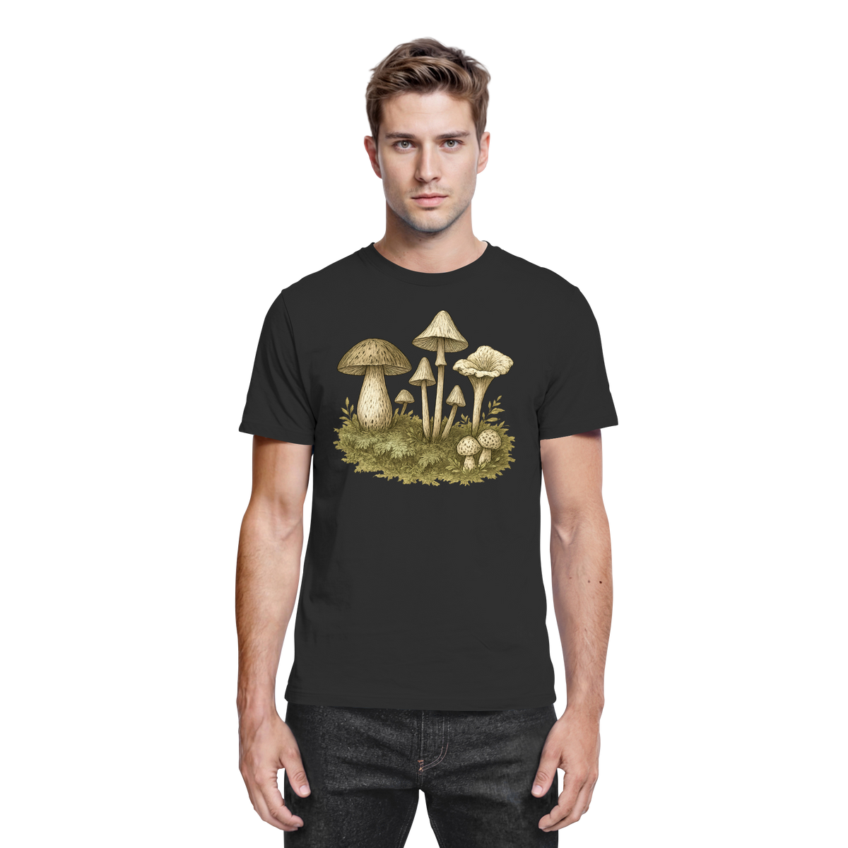 Black Arvenzo Forest Floor unisex shirt featuring a detailed nature-inspired forest design on the front.