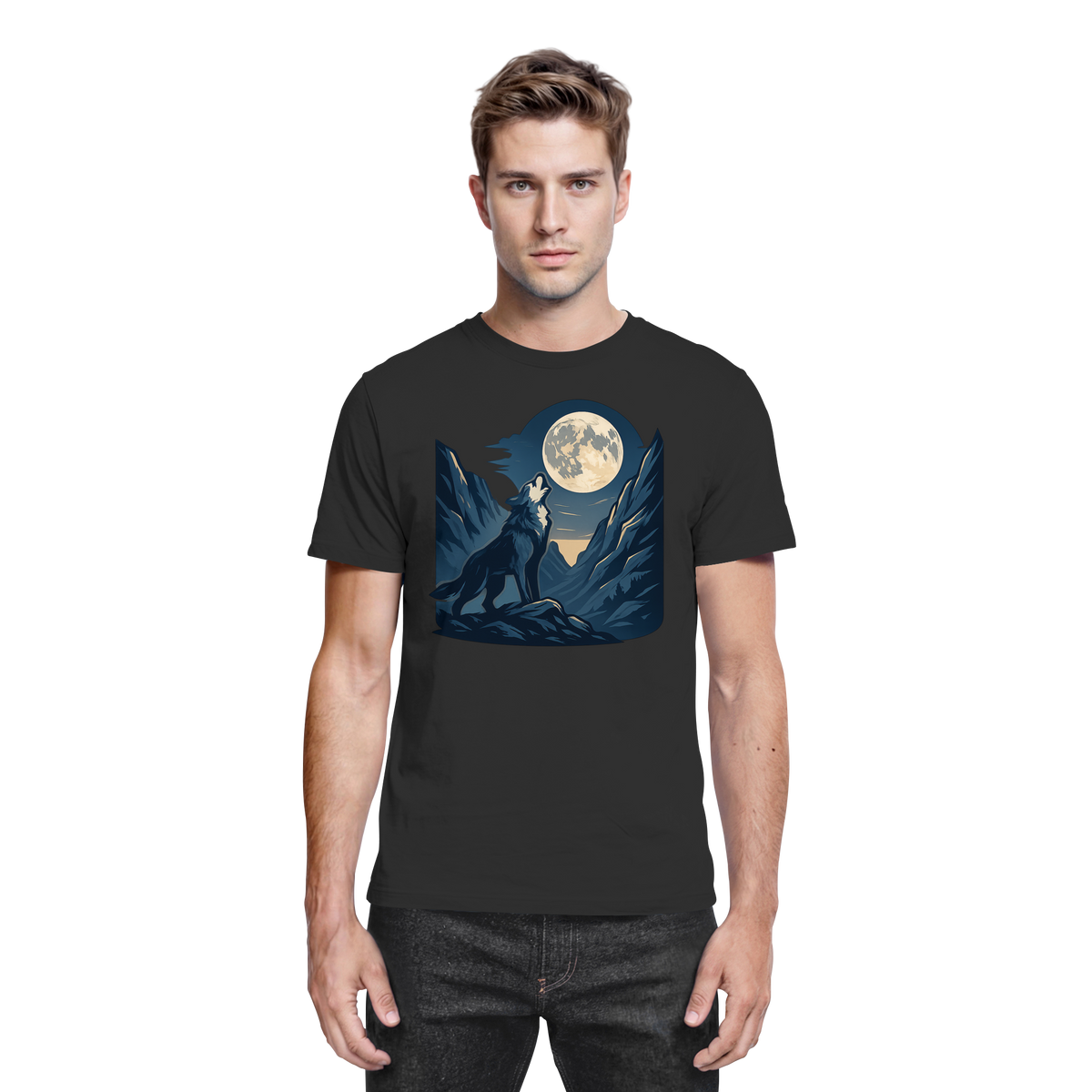 Front view of Arvenzo silver Howl unisex shirt in black with a sleek design, showcasing the premium fabric and stylish fit.
