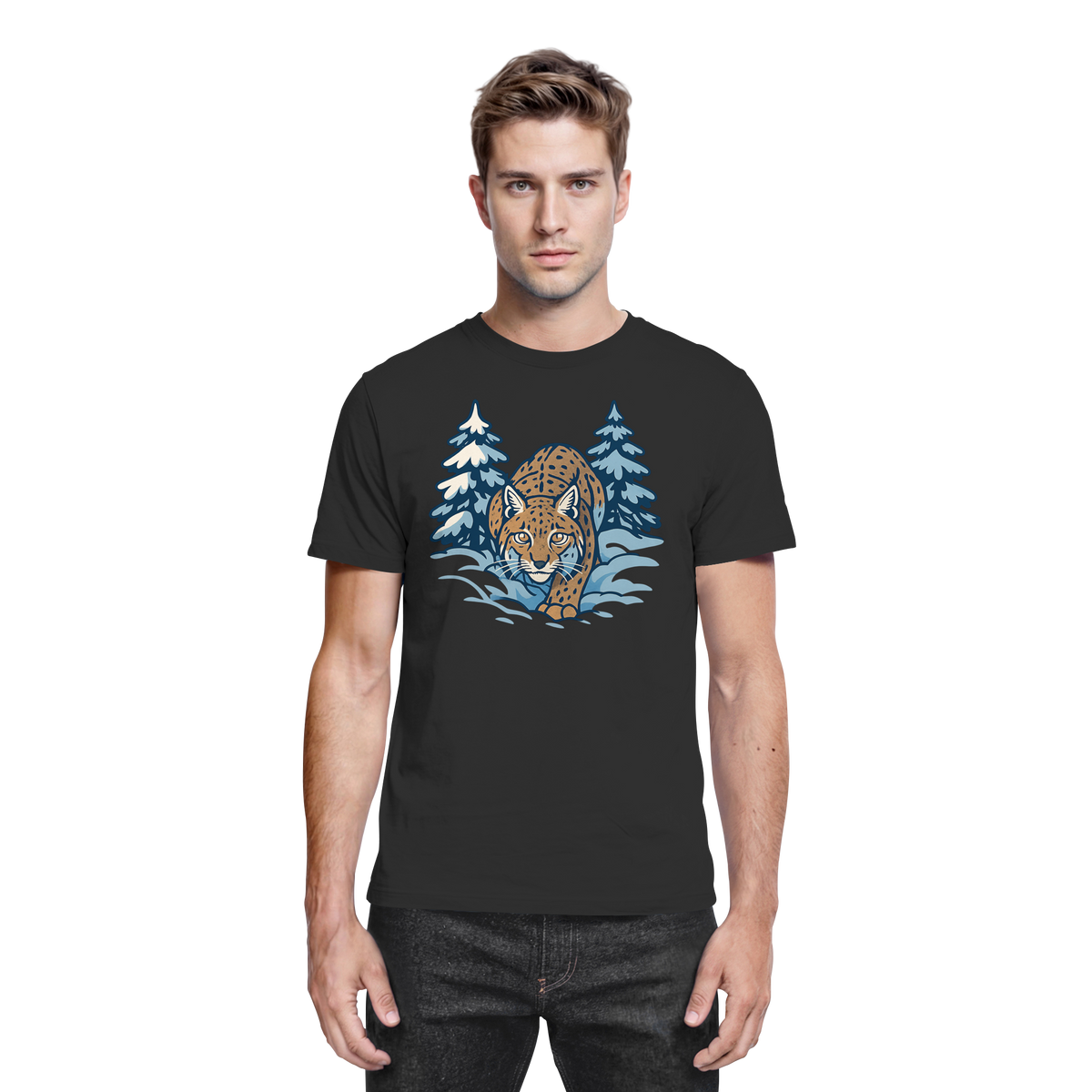 Black unisex Snow Lynx shirt by Arvenzo featuring a front view with a sleek design and comfortable fit.