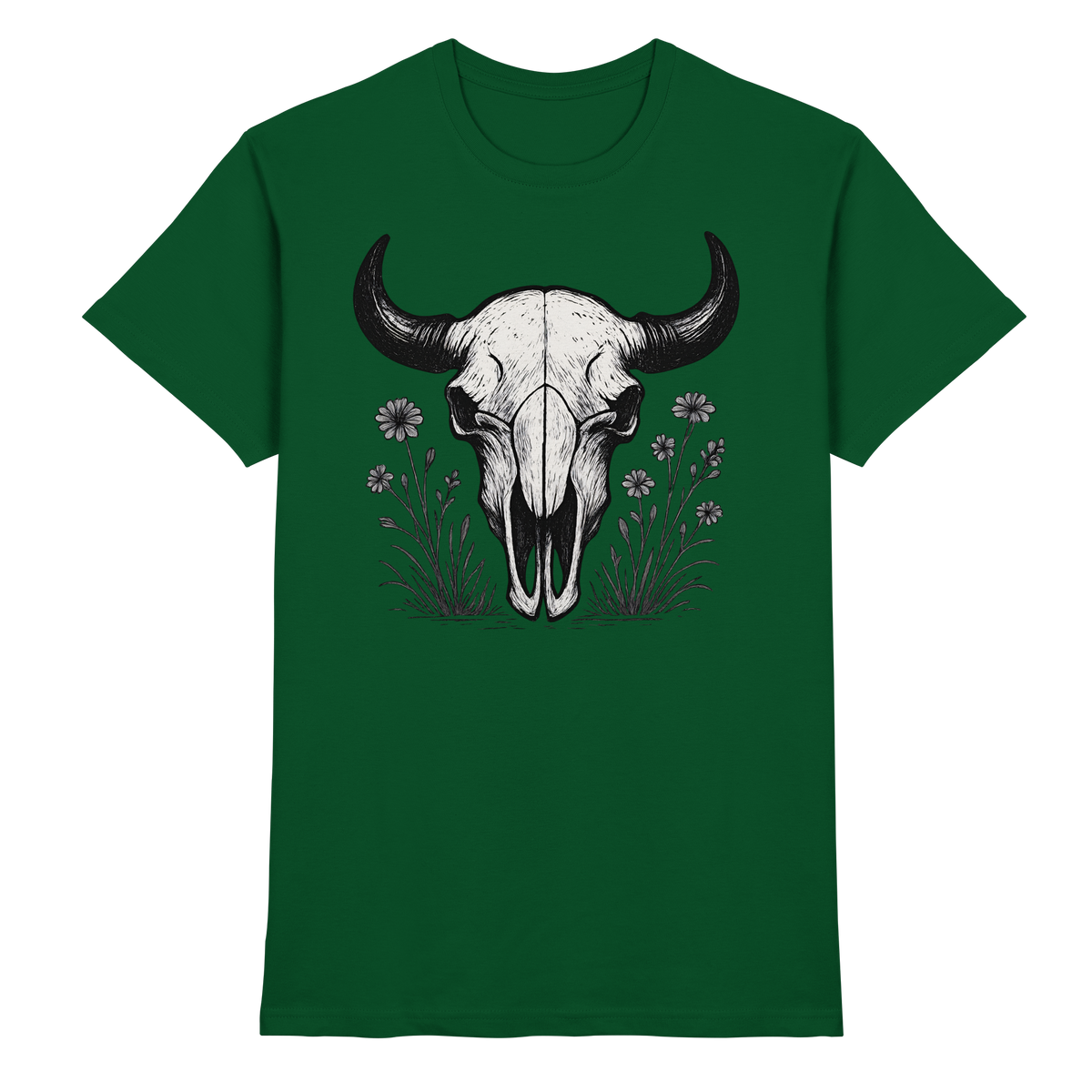 Front view of Arvenzo unisex Bison Skull shirt in bottle green, showcasing the detailed bison skull graphic on a premium cotton fabric.