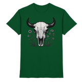 Front view of Arvenzo unisex Bison Skull shirt in bottle green, showcasing the detailed bison skull graphic on a premium cotton fabric.