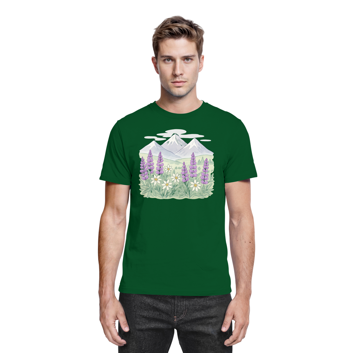 Arvenzo Alpine Bloom unisex shirt in bottle green, front view showcasing floral design and comfortable fit.