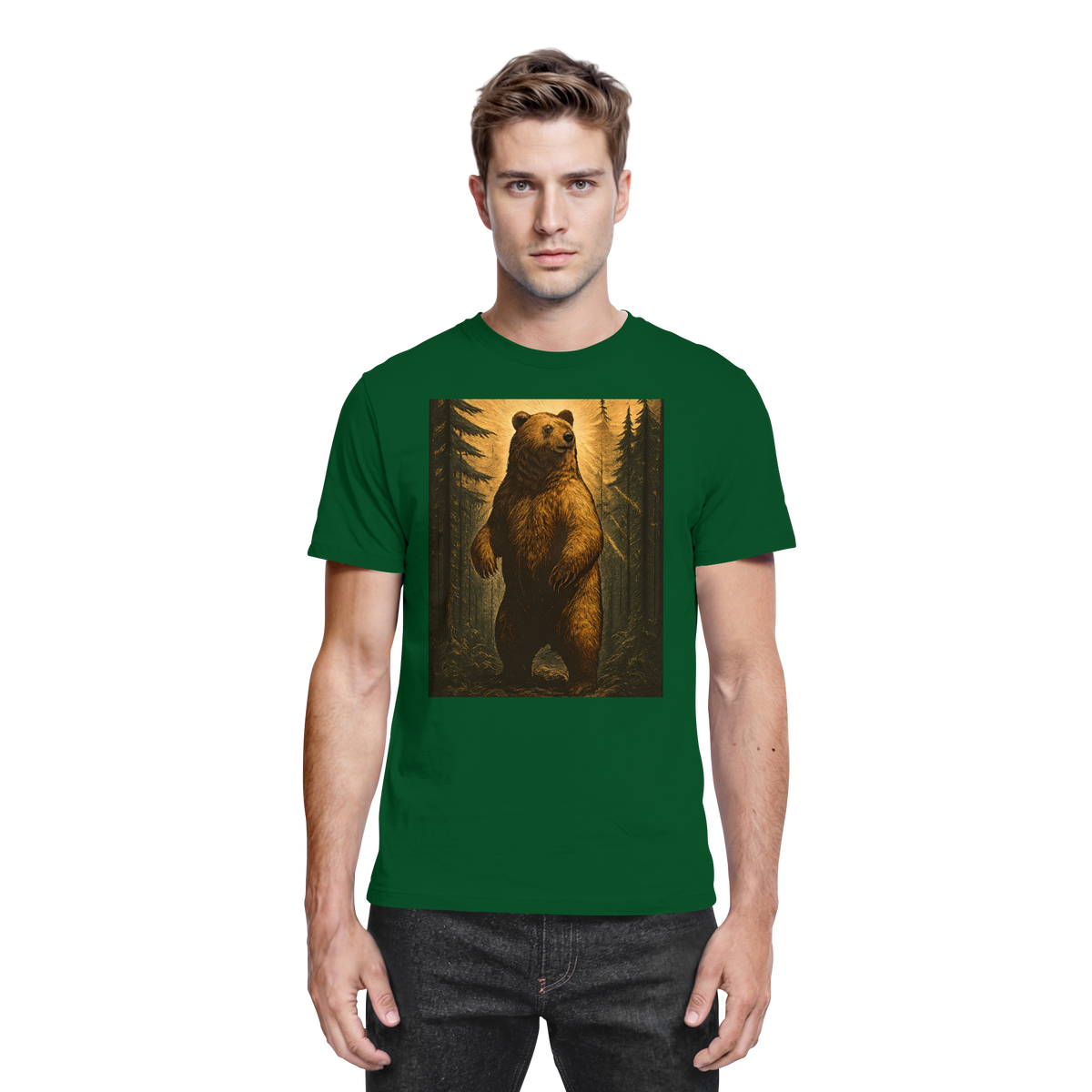 Front view of Arvenzo deep timber unisex shirt in bottle green, showcasing its classic design and premium fabric.