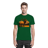 Front view of Arvenzo Elk Meadow unisex shirt in bottle green with a natural Elk Meadow design.