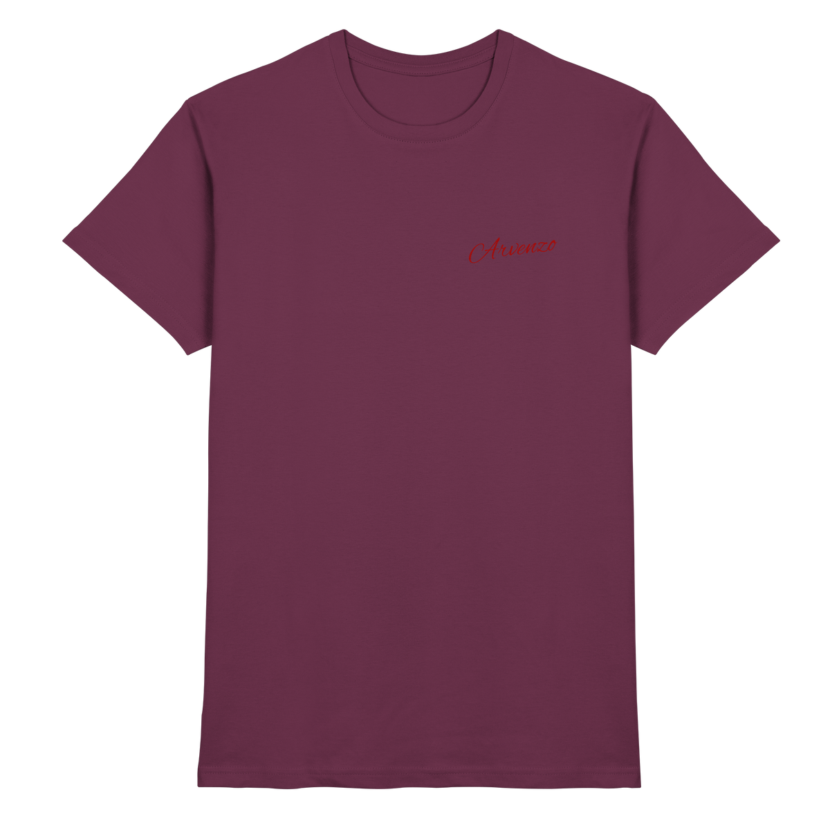 Front view of Arvenzo unisex Pure Ground shirt in burgundy with a classic crew neck and smooth fabric.
