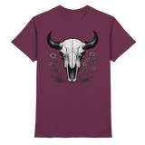 Unisex Burgundy Bison Skull Shirt by Arvenzo, front view showcasing the detailed bison skull graphic on a premium fabric.
