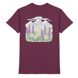Arvenzo Alpine Bloom unisex shirt in burgundy, front view showcasing floral design and high-quality fabric.