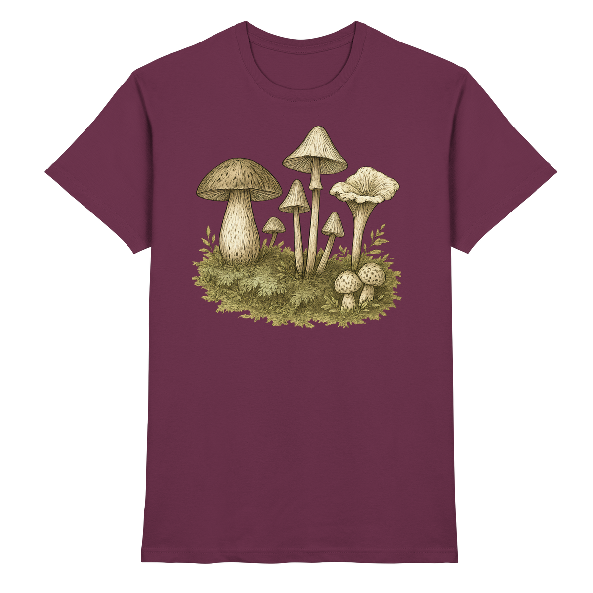 Arvenzo Forest Floor unisex shirt in burgundy, featuring a detailed nature-inspired forest design on the front.