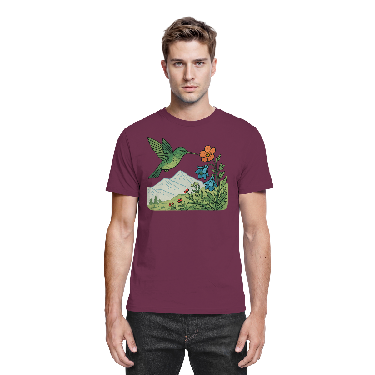 Front view of a Burgundy Arvenzo Bloom Wing unisex shirt with a stylish floral wing graphic.