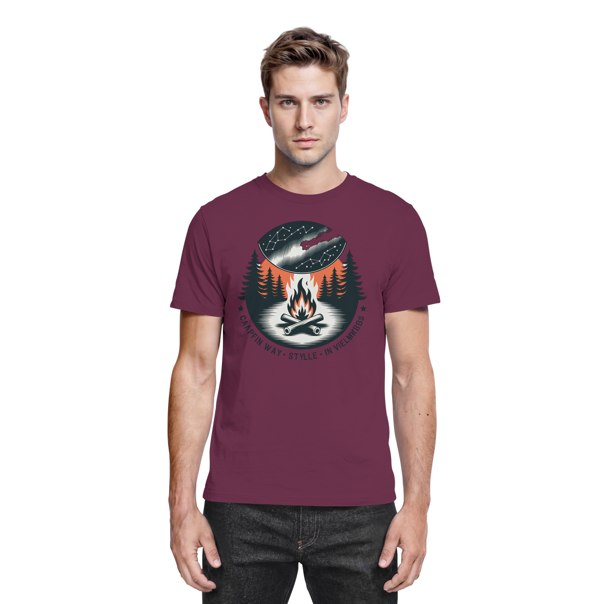 Unisex Star Map Shirt by Arvenzo in burgundy color, front view showcasing celestial star pattern on premium fabric.