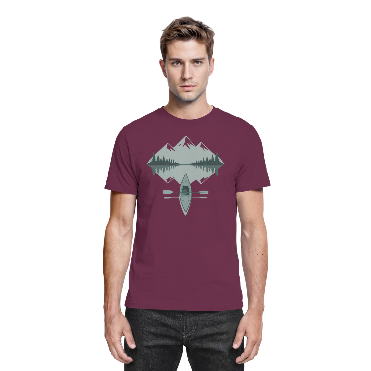 Front view of Arvenzo Mirror Lake unisex shirt in burgundy with a premium design, showcasing a stylish and comfortable fit.