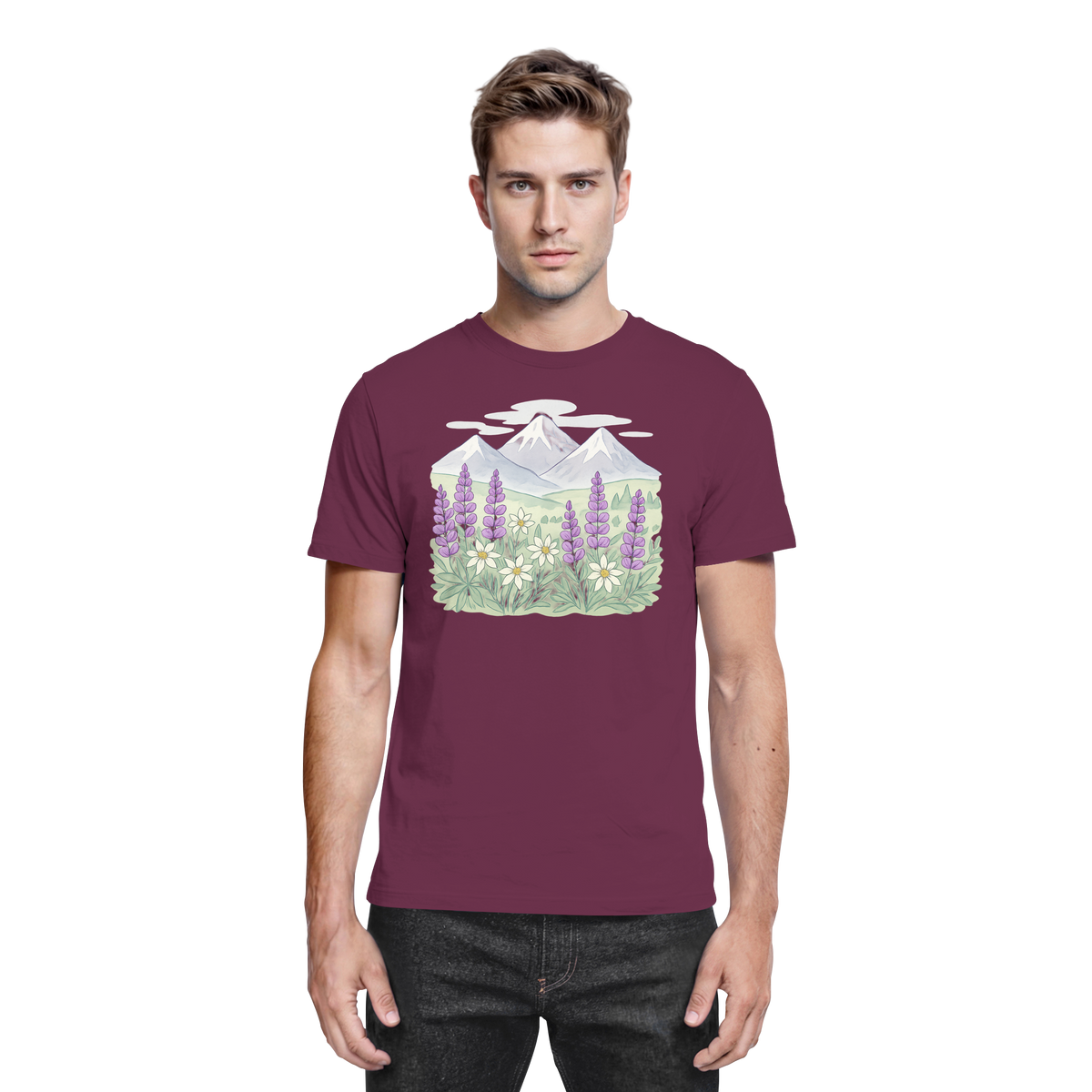 Front view of Arvenzo Alpine Bloom unisex shirt in burgundy featuring a floral design for casual wear.
