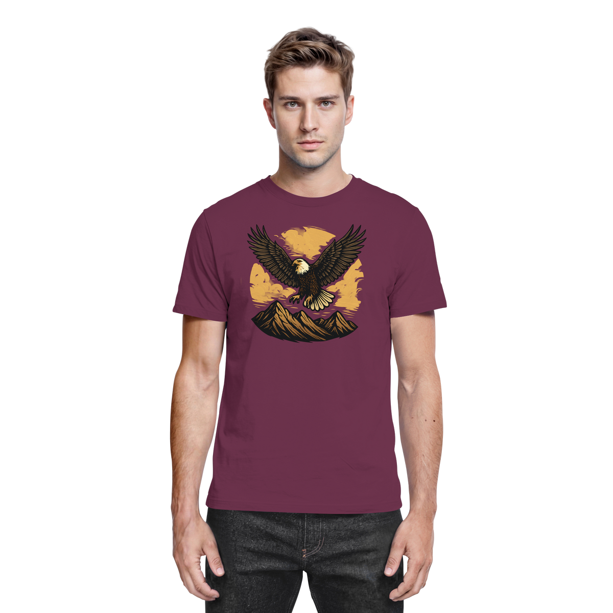 Front view of a burgundy Arvenzo Iron Wing unisex shirt with a stylish graphic design.