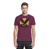 Front view of a burgundy Arvenzo Iron Wing unisex shirt with a stylish graphic design.