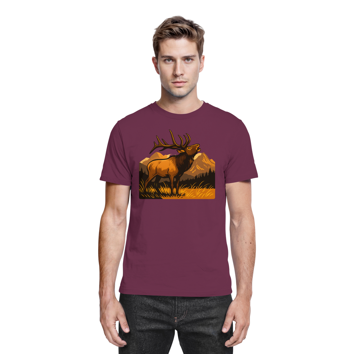 Front view of a burgundy Arvenzo Elk Meadow unisex shirt with a premium fabric finish.