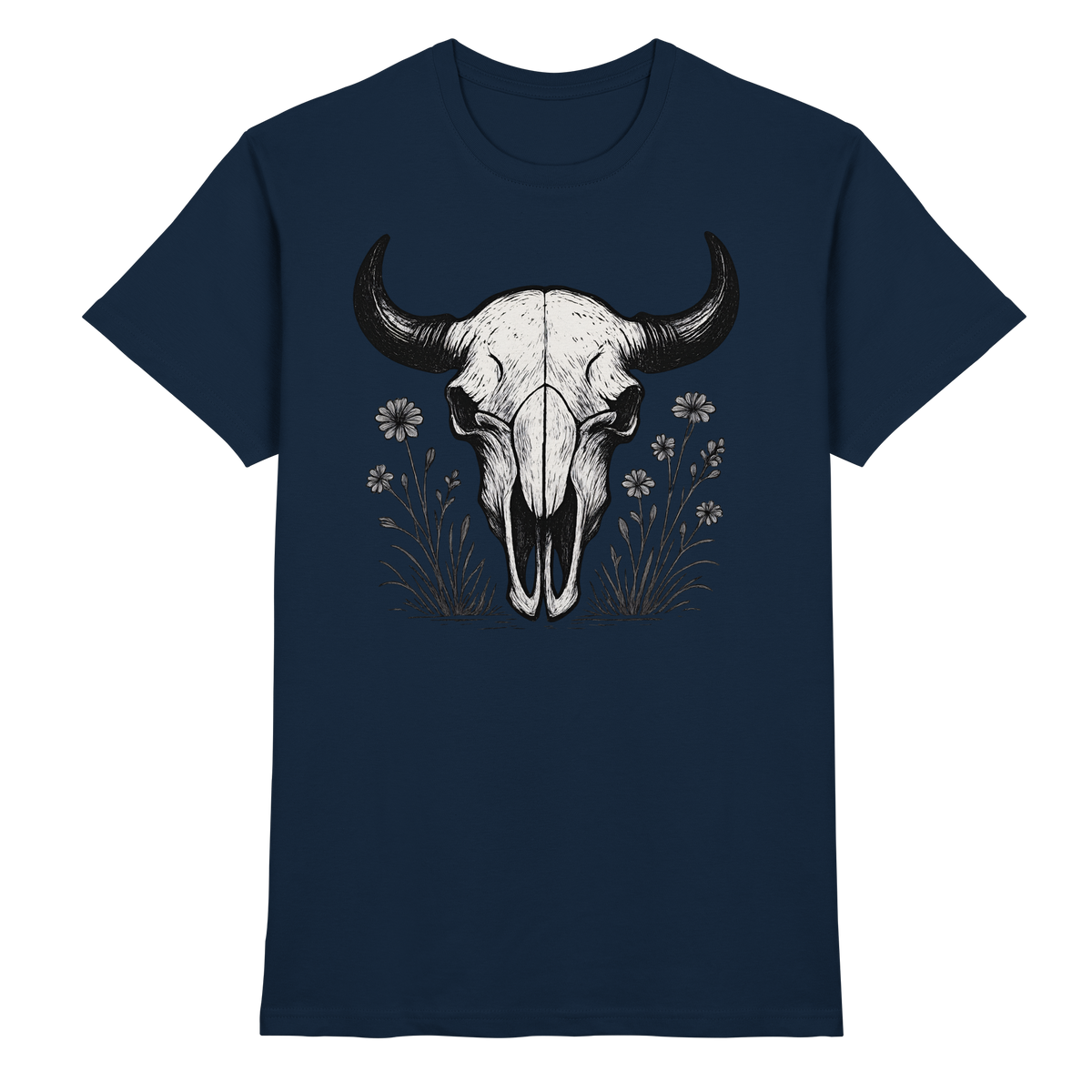 Front view of navy unisex Bison Skull shirt by Arvenzo, showcasing a detailed bison skull graphic on premium fabric.