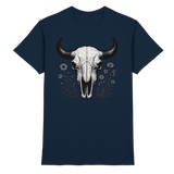 Front view of navy unisex Bison Skull shirt by Arvenzo, showcasing a detailed bison skull graphic on premium fabric.