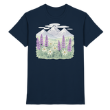 Unisex navy Alpine Bloom Arvenzo shirt with a floral front design, made from premium fabric, casual and stylish for everyday wear.