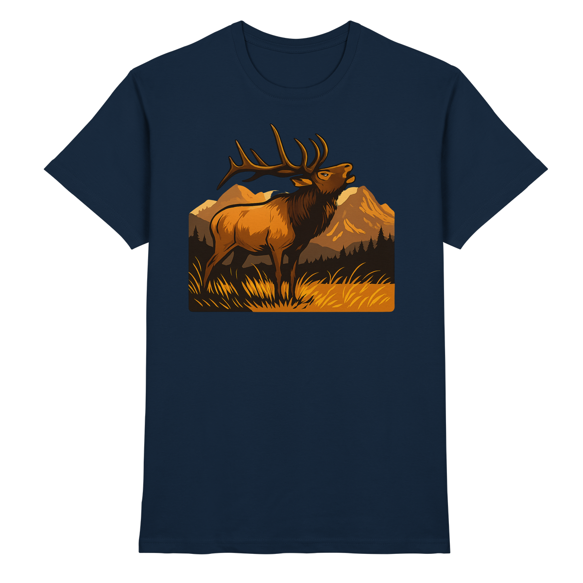 Front view of navy Arvenzo Elk Meadow unisex shirt with a classic fit and soft fabric, showcasing the stylish design.