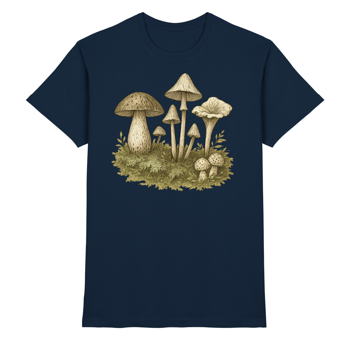 Navy Forest Floor Unisex Shirt by Arvenzo featuring a detailed forest leaf and plant print on the front.