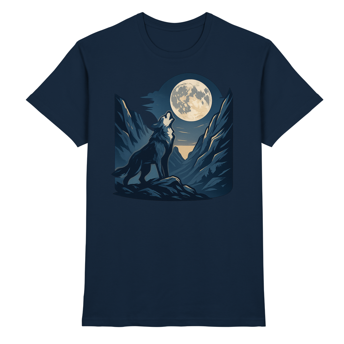 Front view of Arvenzo silver Howl unisex shirt in navy with a stylish graphic design on the chest.