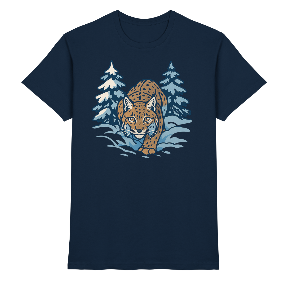 Front view of Arvenzo Snow Lynx unisex navy shirt featuring a stylish snow lynx graphic design.
