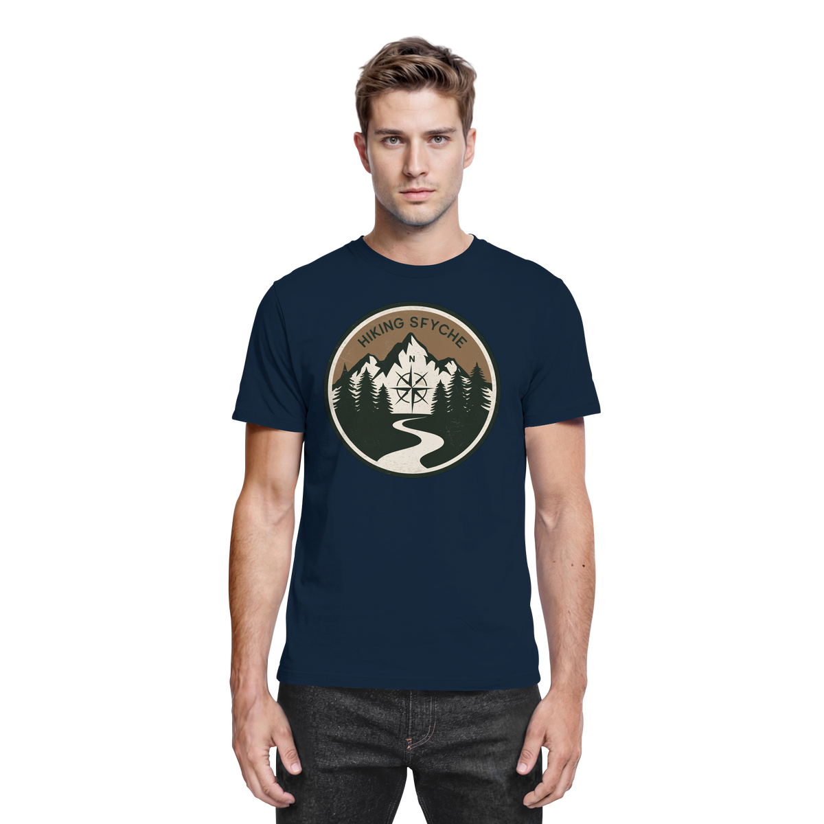 Front view of Arvenzo Trail Crest Unisex Shirt in navy, showcasing a premium casual t-shirt design.