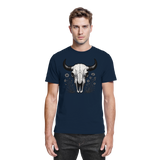 Front view of navy unisex Bison Skull shirt by Arvenzo, showcasing detailed bison skull graphic on a premium fabric shirt.