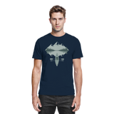 Front view of navy Arvenzo Mirror Lake unisex shirt featuring a relaxed fit and a scenic lake graphic design.