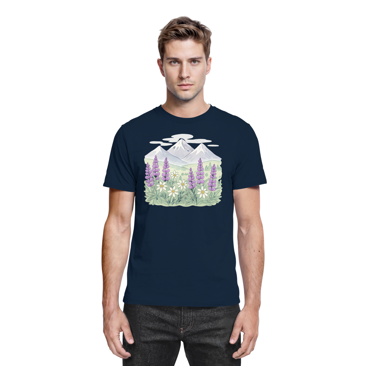 Front view of Arvenzo Alpine Bloom unisex navy shirt featuring floral design and classic fit.