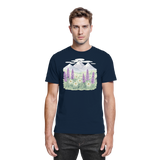 Front view of Arvenzo Alpine Bloom unisex navy shirt featuring floral design and classic fit.